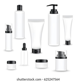 Set black packages for face and body cosmetic. lotion, serum, oil, tube, shampoo, cream bottles vector illustration