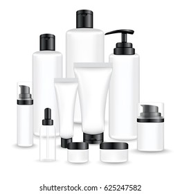 Set black packages for face and body cosmetic. lotion, serum, oil, tube, shampoo, cream bottles vector illustration