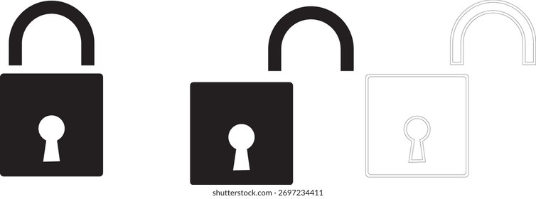 Um conjunto de ícones de cadeado preto isolado em um plano de fundo branco, simbolizando segurança, privacidade e proteção em estados bloqueados, desbloqueados e esmaecidos.