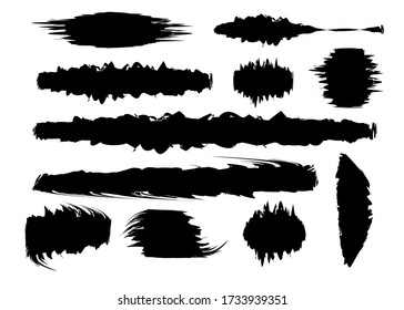 Set black paint brush spots, highlighter lines or felt-tip pen marker horizontal blobs. Marker pen or brushstrokes and dashes. Ink smudge abstract shape stains and smear with texture. Vector isolated