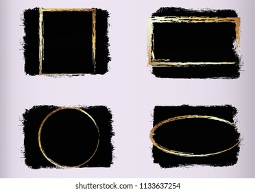 Set of black paint, brush stroke, dirty design element with golden frame and place  for text. High resolution