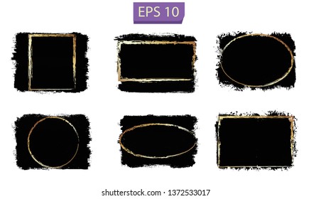 Set of black paint, brush stroke, dirty design element with golden frame and place for text. High resolution