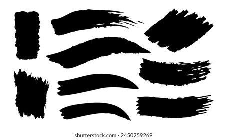 Set of black paint, brush stroke. Dirty artistic design element on white background. Vector illustration