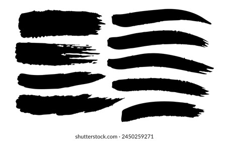 Set of black paint, brush stroke. Dirty artistic design element on white background. Vector illustration
