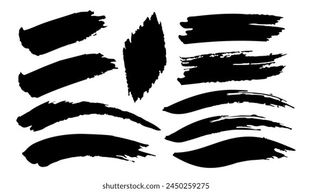 Conjunto de pintura negra, pincelada. Elemento de diseño artístico sucio sobre fondo blanco. Ilustración vectorial