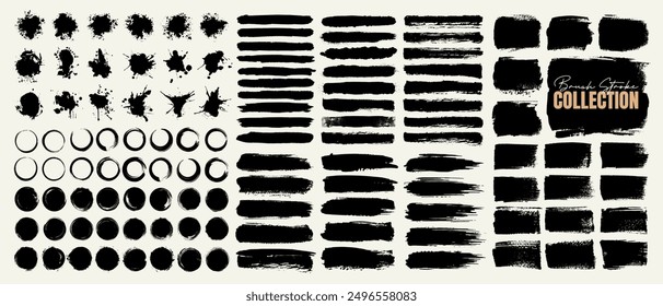 Conjunto de pincelada de pintura negra, salpicadura de tinta, marco, círculo, línea, fondo grunge, textura de superposición grunge y salpicadura de acuarela. Arte del graffiti de la plantilla, papel rasgado o rasgado y adorno sucio del negocio