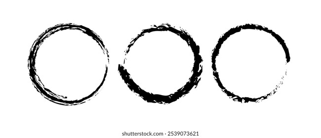 Set black paint brush stroke circles.Grunge ink brush style vector illustration isolated on clear background.