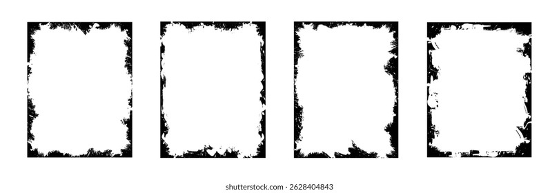Set of black paint brush stroke background, grunge overlay frame. Vintage grunge paper texture. Old worn overlay distressed background. Vector illustration of rough, dirty, grainy design