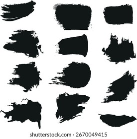 Set of black paint brush strokes featuring grunge, rough, and dry textures, isolated on white background 