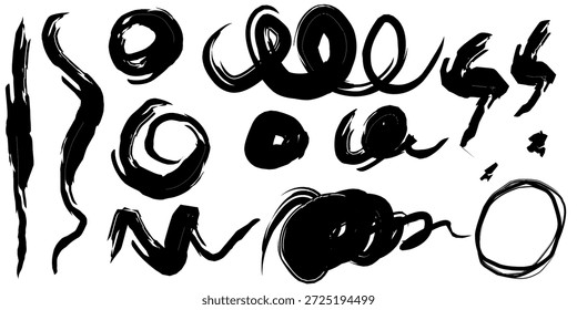 Conjunto de pinceladas de pintura negra y garabatos de tinta. Abstractas Elementos de diseño grunge dibujados a mano sobre fondo blanco