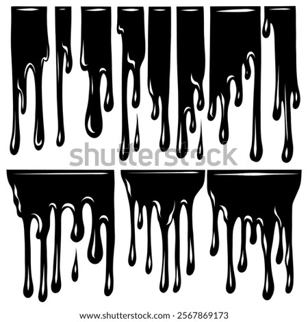 Set of black paint drips isolated from background. Melted ink.  Monochrome silhouette collection pour liquid dye for banner and badges.