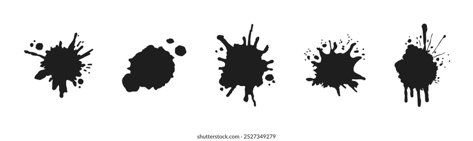 Set of black paint drips. Street art texture, paint silhouettes, grunge elements, circles and dots. Vector illustration