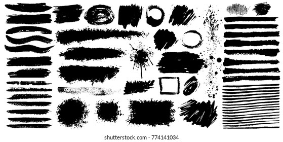 Set of black paint, grunge, ink, dirty brush strokes. Dirty artistic design elements. Vector illustration. Isolated on white background