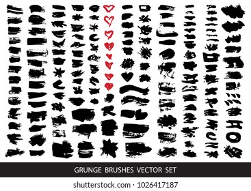 Set of black paint, ink brush strokes, brushes, lines. Dirty artistic design elements, boxes, frames for text. Vector illustration.