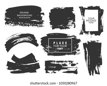 Set of black paint, ink brush strokes, brushes, lines. Dirty artistic design elements, boxes, frames for text.