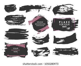 Set of black paint, ink brush strokes, brushes, lines. Dirty artistic design elements, boxes, frames for text.