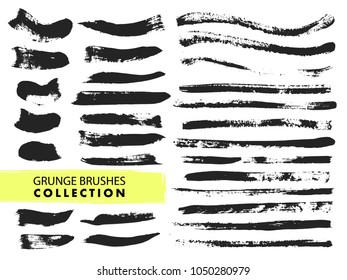 Set of black paint, ink brush strokes, brushes, lines. Dirty artistic design elements, boxes, frames for text.