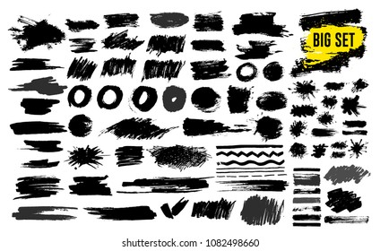 Set of black paint, ink brush strokes, brushes, lines, grungy. Dirty artistic design elements, boxes, frames. Freehand drawing. Vector illustration. Isolated on white background