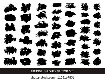 Set of black paint, ink brush strokes, brushes, lines. Dirty artistic design elements, boxes, frames for text. Vector illustration.