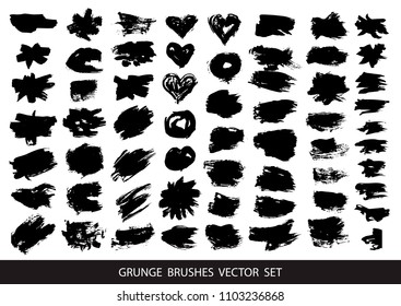 Set of black paint, ink brush strokes, brushes, lines. Dirty artistic design elements, boxes, frames for text. Vector illustration.