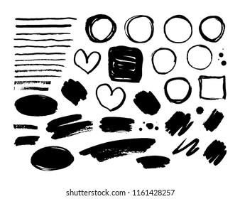 Conjunto de pintura negra, trazos de pincel de tinta, pinceles, líneas. Elementos de diseño artístico, cuadros, marcos para texto.