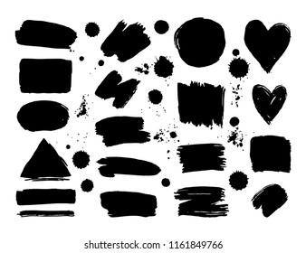 Set of black paint, ink brush strokes, brushes, lines. Dirty artistic design elements, boxes, frames for text.