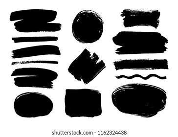 Set of black paint, ink brush strokes, brushes, lines. Dirty artistic design elements, boxes, frames for text.