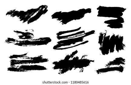 Set of black paint, ink brush strokes, brushes, lines. Dirty artistic design elements, boxes, frames for text.