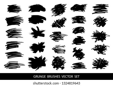Set of black paint, ink brush strokes, brushes, lines. Dirty artistic design elements, boxes, frames for text. Vector illustration.