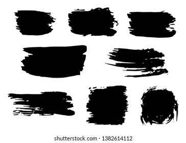Set of black paint, ink brush strokes, brushes, lines, grungy. Freehand drawing. Dirty artistic design elements, boxes, frames. Vector abstract illustration. Isolated on white background.