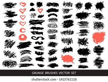 Set of black paint, ink brush strokes, brushes, lines. Dirty artistic design elements, boxes, frames for text. Vector illustration.