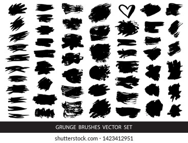 Set of black paint, ink brush strokes, brushes, lines. Dirty artistic design elements, boxes, frames for text. Vector illustration.