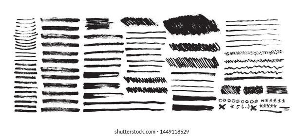 Set of black paint, ink brush strokes isolated on white background. Grunge graphic elements. Dirty texture banners. Ink splatters. Vector illustrations.