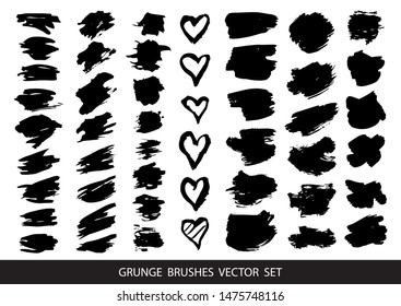 Set of black paint, ink brush strokes, brushes, lines. Dirty artistic design elements, boxes, frames for text. Vector illustration.