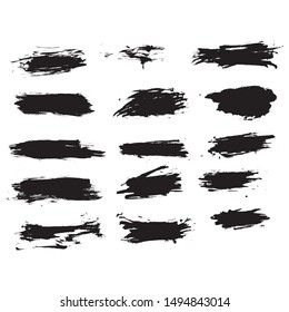 Set of black paint, ink brush strokes, brushes, lines. Dirty artistic design elements, boxes, frames for text. Vector illustration.