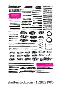 Set of black paint, ink brush strokes isolated on white background. Grunge graphic elements. Dirty texture banners. Ink splatters. Vector illustrations.