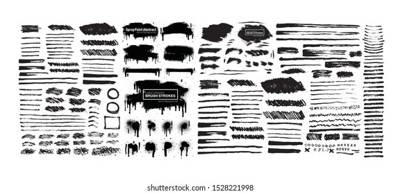 Set of black paint, ink brush strokes isolated on white background. Grunge graphic elements. Dirty texture banners. Ink splatters. Vector illustrations.