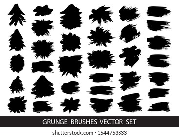 Set of black paint, ink brush strokes, brushes, lines. Dirty artistic design elements, boxes, frames for text. Vector illustration.