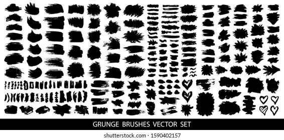 Set of black paint, ink brush strokes, brushes, lines. Dirty artistic design elements, boxes, frames for text. Vector illustration.