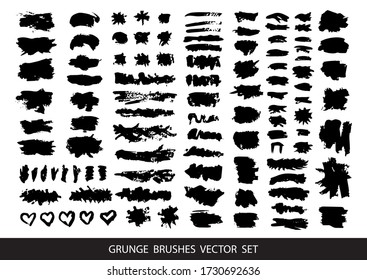 Set of black paint, ink brush strokes, brushes, lines. Dirty artistic design elements, boxes, frames for text. Vector illustration.