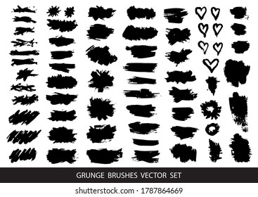  Conjunto de pintura negra, trazos de pincel de tinta, pinceles, líneas. Elementos de diseño artístico, cuadros, marcos para texto. Ilustración vectorial.