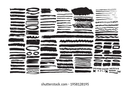 Set of black paint, ink brush strokes isolated on white background. Grunge graphic elements. Dirty texture banners. Ink splatters. Vector illustrations.