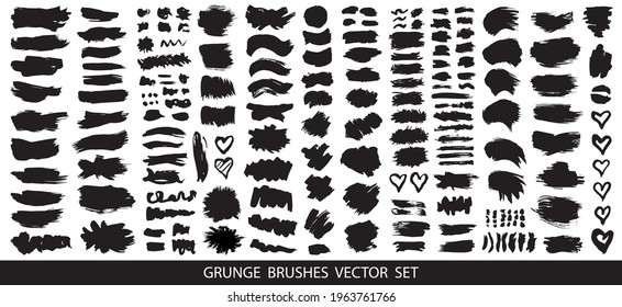 Set of black paint, ink brush strokes, brushes, lines. Dirty artistic design elements, boxes, frames for text. Vector illustration.