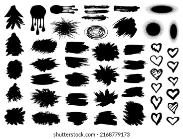Set of black paint, ink brush strokes, brushes, lines. Dirty artistic design elements, boxes, frames for text. Vector illustration.