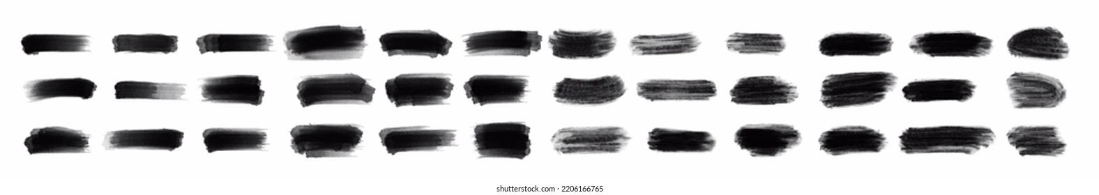 Conjunto de pintura negra, trazos de pincel de tinta, pinceles, líneas. Elementos de diseño artístico sucio. Ilustración vectorial. Aislado sobre fondo blanco.