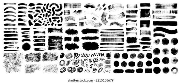 Set of black paint, ink brush strokes, brushes, lines. Vector dirty, grunge artistic design elements, backgrounds, textures.