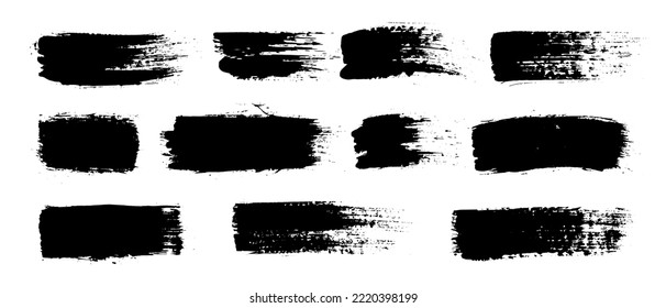 Conjunto de pintura negra, trazos de pincel de tinta, pinceles, líneas. Vector sucio, elementos de diseño artístico, fondos, texturas.