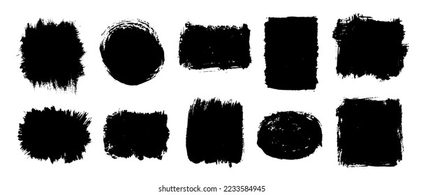 Set of black paint, ink brush strokes, circles, ovals, boxes, frames. Vector dirty, grunge artistic design elements, backgrounds, textures.