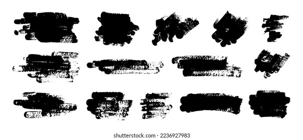 Set of black paint, ink brush strokes, boxes, frames, lines, smudges. Vector dirty, grunge artistic design elements, backgrounds, textures.