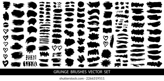 Set of black paint, ink brush strokes, brushes, lines. Dirty artistic design elements, boxes, frames for text. Vector illustration.